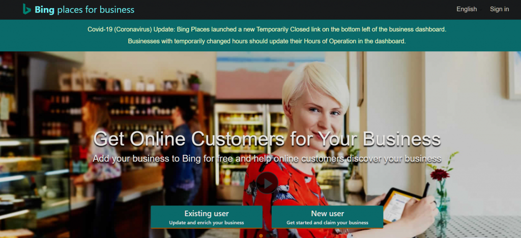 Image of Bing Places for Business Homepage