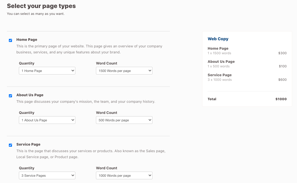 Customizing Web Copy Page Types 