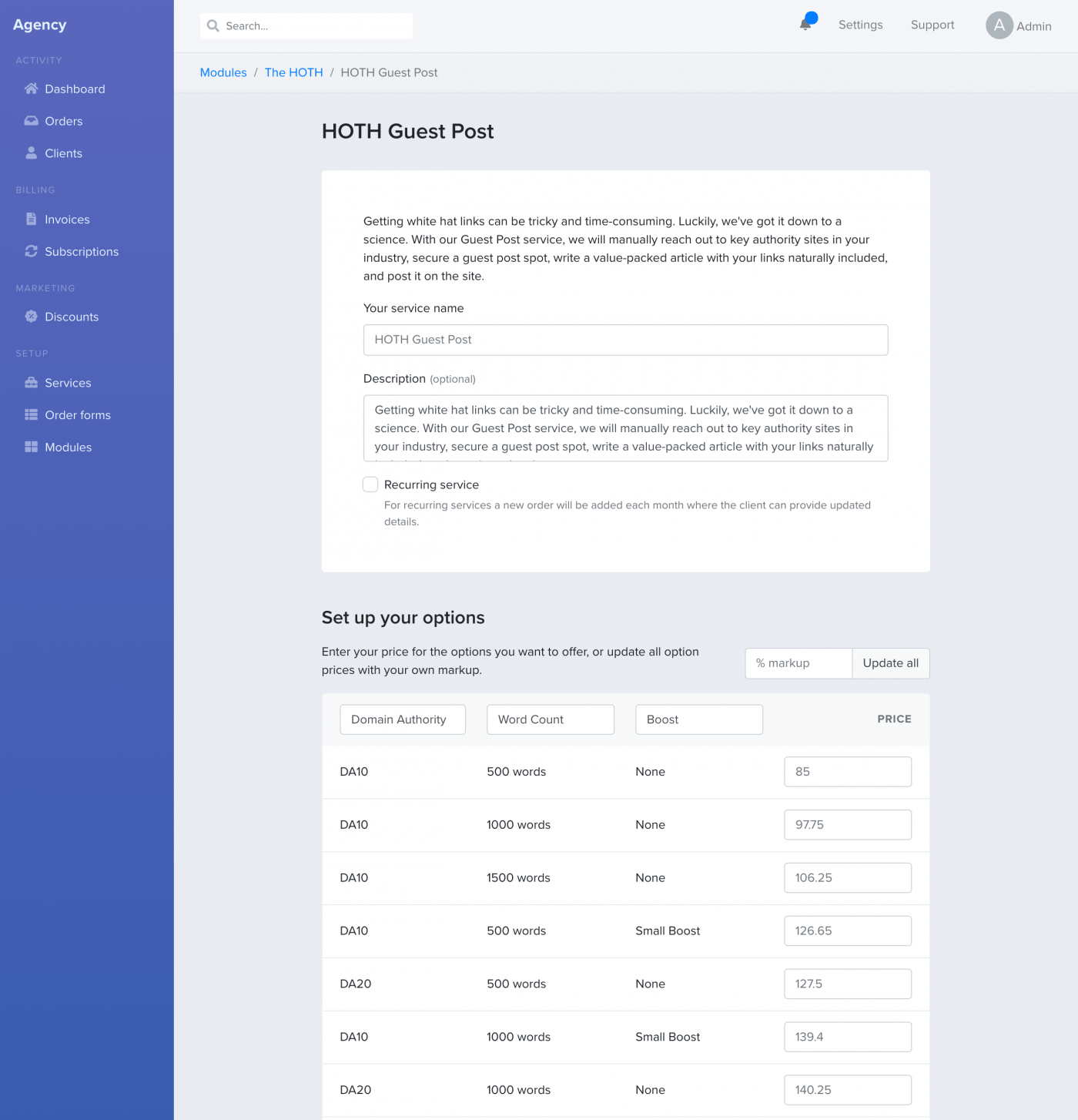 Options available for guest posts in the order form